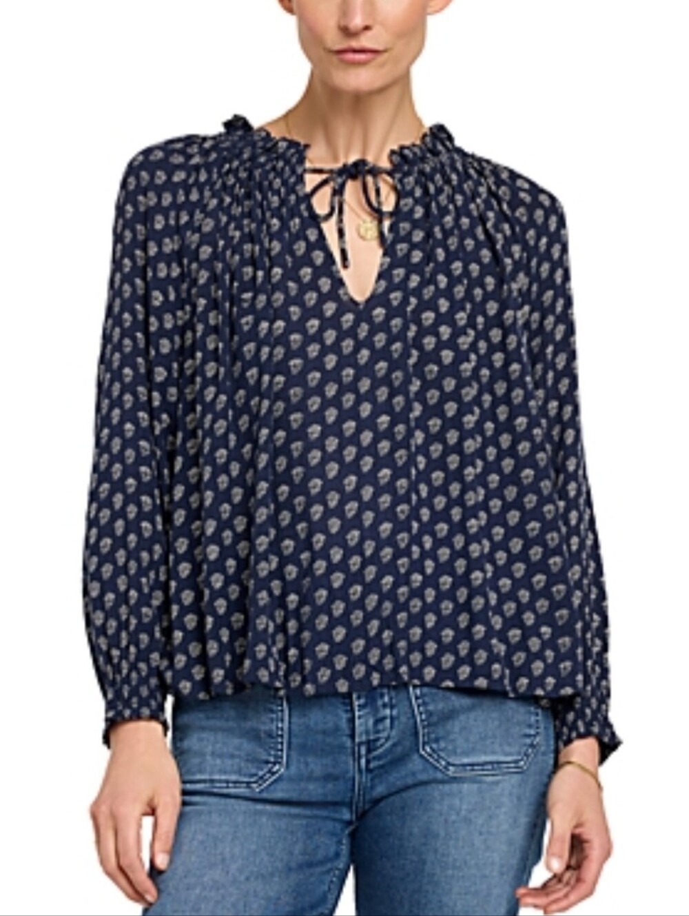 Faherty Navy Blue Floral Print Long Sleeve Blouse